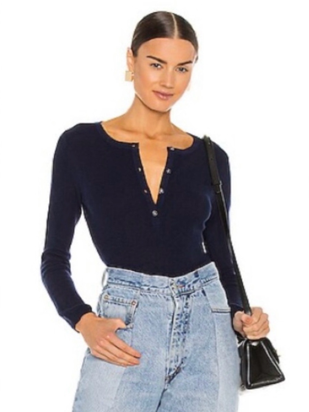 One Grey Day Sterling Long Sleeve Ribbed Knit Henley in Navy Blue - Size S